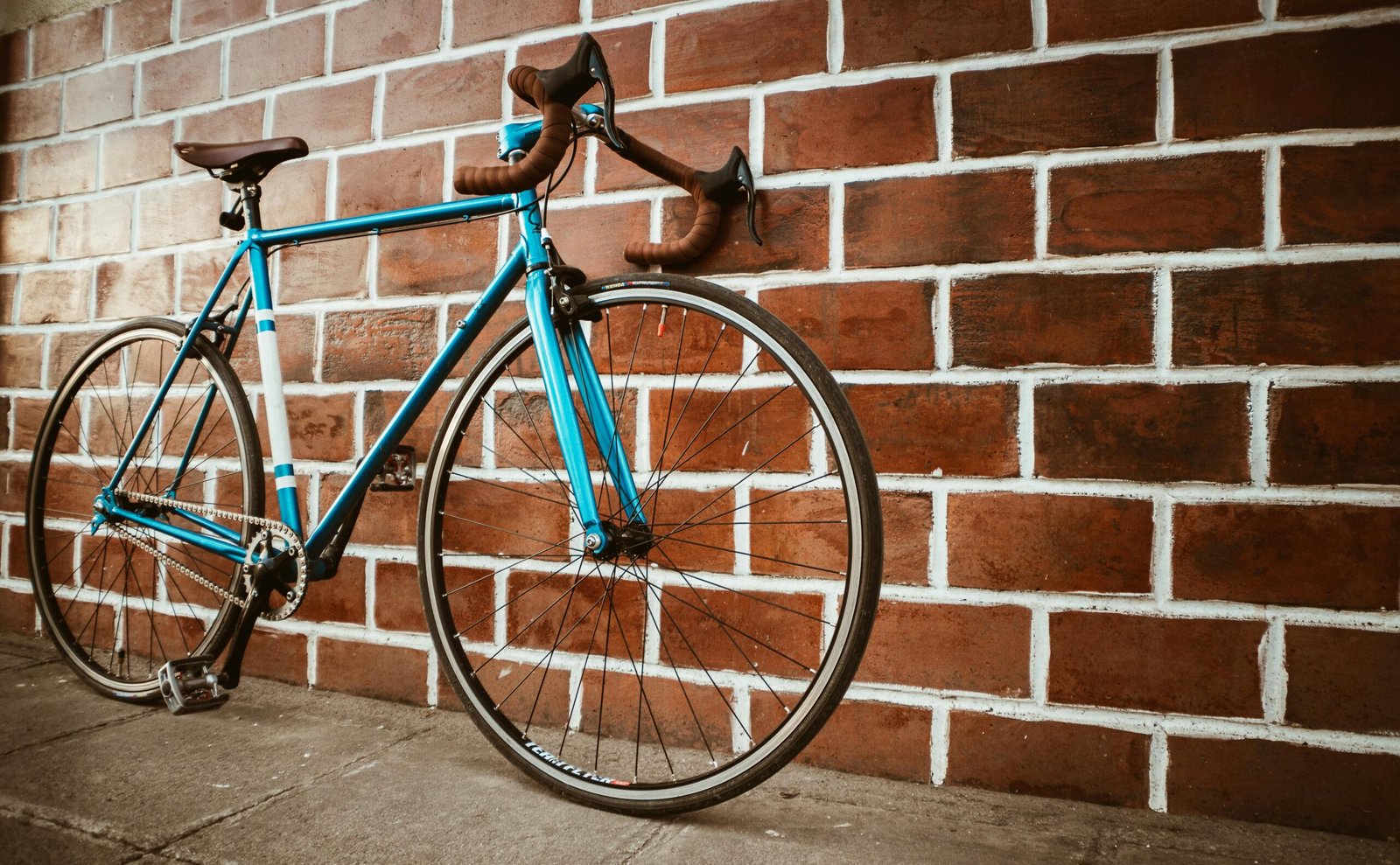 A classic blue racing bicycle parked against a rustic brick wall.
